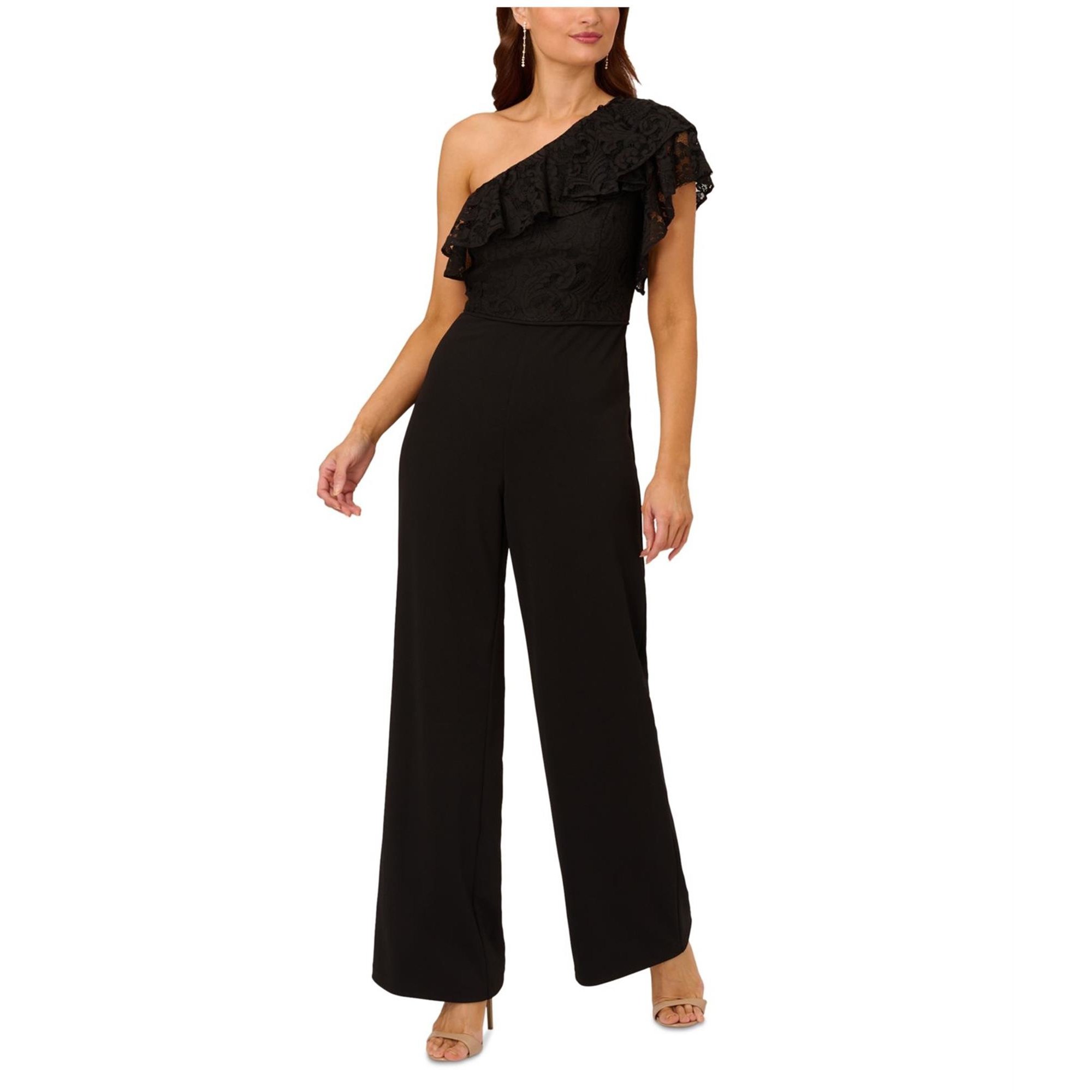 Adrianna Papell Womens Crepe Lace Ruffle Jumpsuit, Black, 10